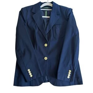 LAUREN Ralph Lauren Women’s Navy Cotton Blend Embroidered Logo Patch Blazer 14